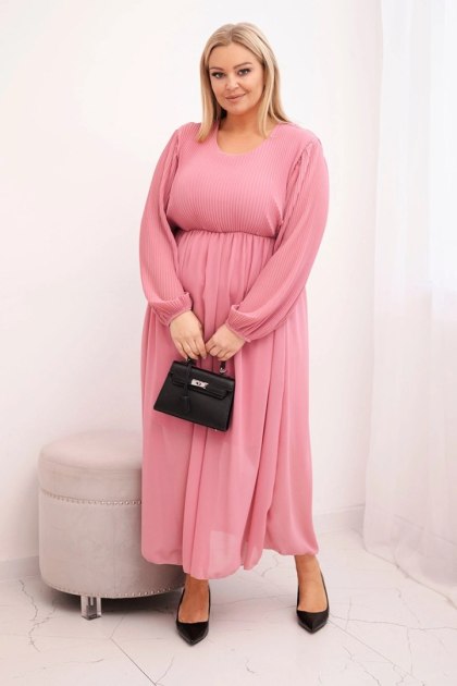 Sukienka plisowana damska Plus Size z wiskozy i z długim rękawem ciemno różowa