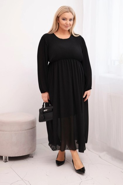 Sukienka plisowana damska Plus Size z wiskozy i z długim rękawem czarna