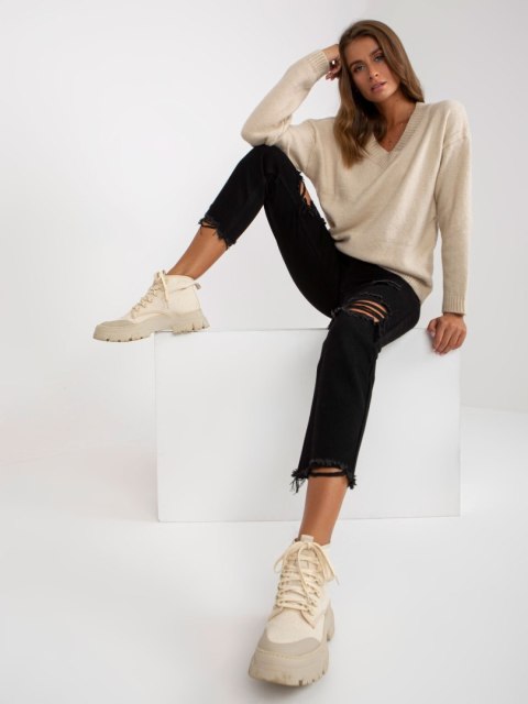 Beżowy Klasyczny Dzianinowy Sweter RUE PARIS