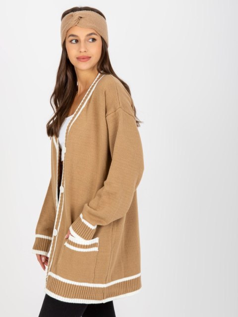 Dłuższy Sweter Rozpinany z Kieszeniami Ciemno Beżowy
