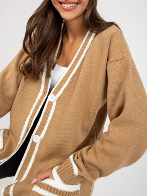 Dłuższy Sweter Rozpinany z Kieszeniami Ciemno Beżowy