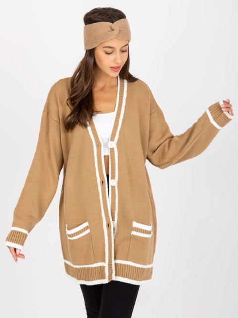 Dłuższy Sweter Rozpinany z Kieszeniami Ciemno Beżowy