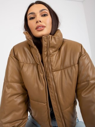 Camelowa Puchowa Kurtka z Ekoskóry Bez Kaptura NM-KR-H-925.28