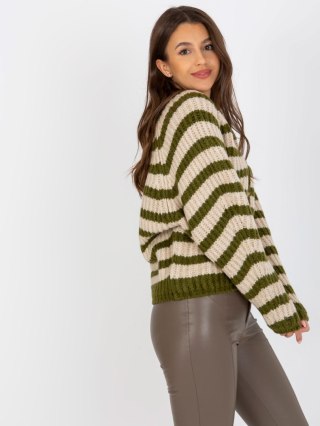 Rozpinany Sweter w Paski z Dekoltem V Khaki EM-SW-5020-02.28P