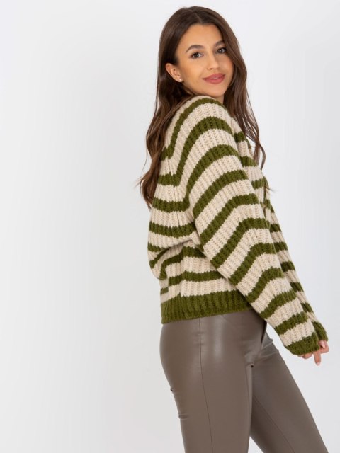 Rozpinany Sweter w Paski z Dekoltem V Khaki