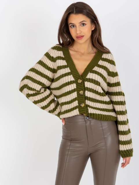 Rozpinany Sweter w Paski z Dekoltem V Khaki