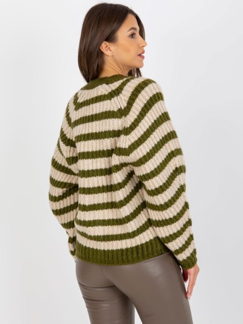 Rozpinany Sweter w Paski z Dekoltem V Khaki