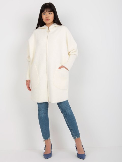 Ecru Damski Płaszcz Alpaka z Dodatkiem Wełny i Angory