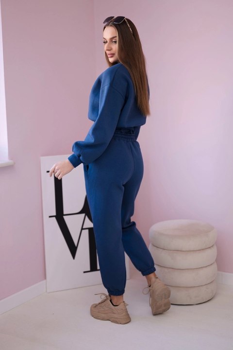 Jeansowy komplet dresowy ocieplany – zestaw z krótką bluzą hoodie i spodniami