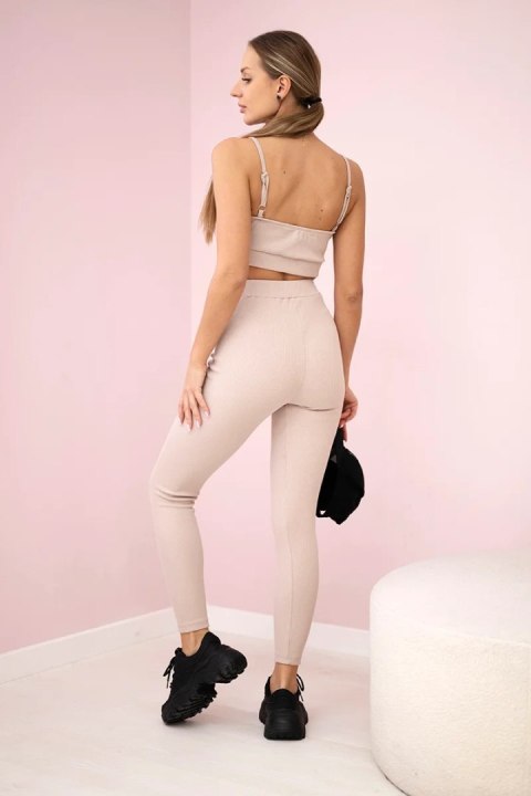 Komplet z bluzką top prążkowany beżowy