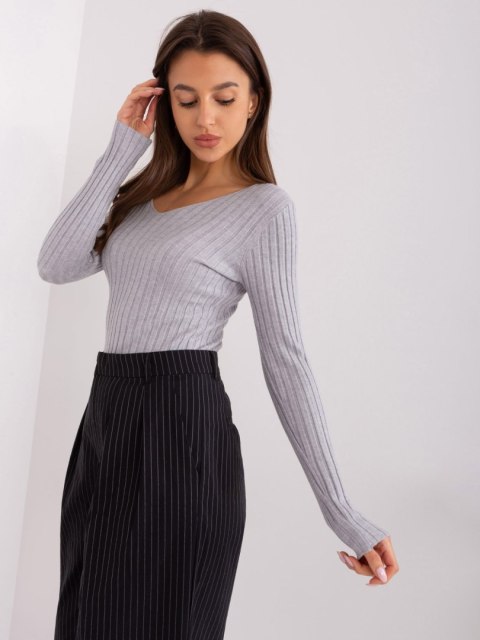 Szary Klasyczny Sweter Prążkowany z Dekoltem V