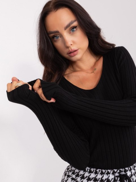 Czarny Klasyczny Sweter Prążkowany z Dekoltem V