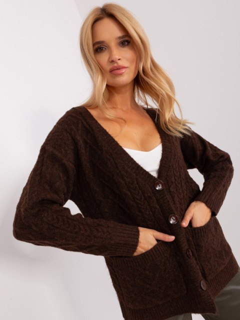 Rozpinany Sweter Damski w Warkoczowe Sploty Ciemno Beżowy