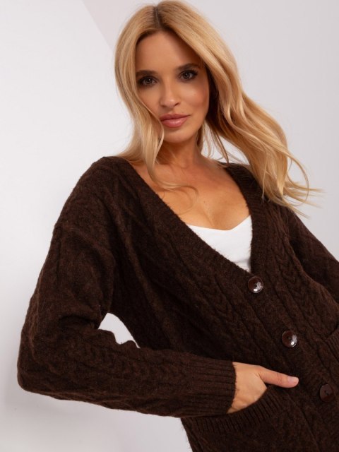 Rozpinany Sweter Damski w Warkoczowe Sploty Ciemno Beżowy