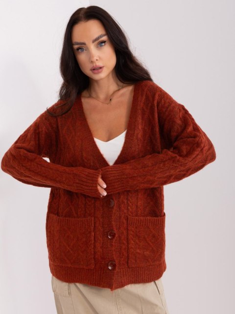 Rozpinany Sweter Damski w Warkoczowe Sploty Ciemno Pomarańczowy