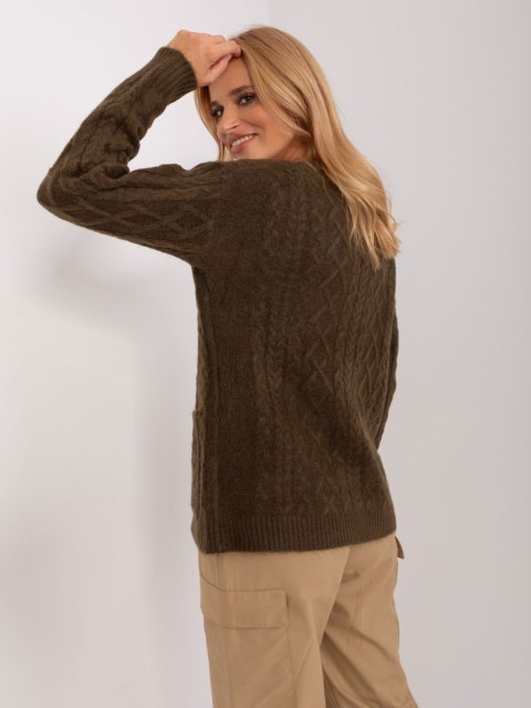 Rozpinany Sweter Damski w Warkoczowe Sploty Khaki