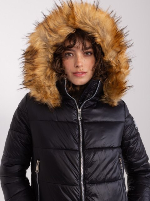 Czarna Damska Kurtka Zimowa z Naszywką