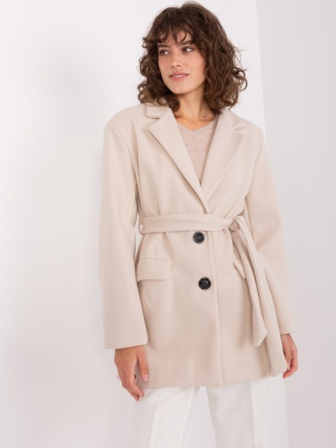 Jasnobeżowy Krótki Płaszcz z Paskiem