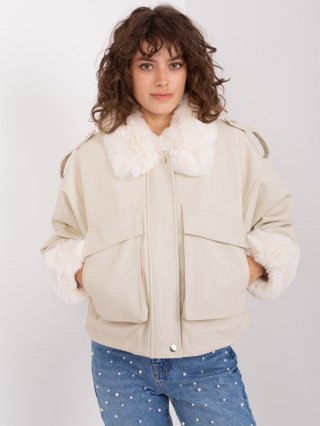 Jasnobeżowa Kurtka Zimowa z Ekoskóry VINCENOVE NM-KR-DA-0831.99P