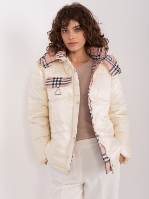 Jasno Beżowa Ocieplana Kurtka Zimowa Damska z Kapturem