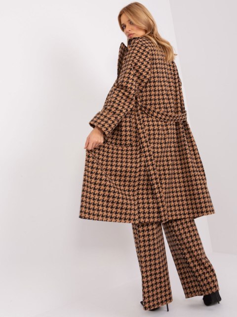 Camelowo-Czarny Długi Płaszcz w Pepitkę