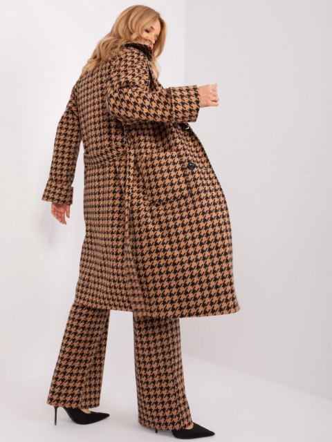 Camelowo-Czarny Długi Płaszcz w Pepitkę