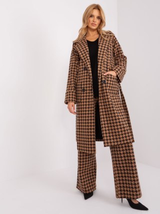 Camelowo-Czarny Długi Płaszcz w Pepitkę LK-PL-509407.96P