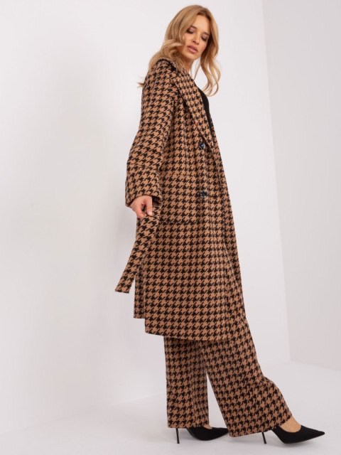 Camelowo-Czarny Długi Płaszcz w Pepitkę