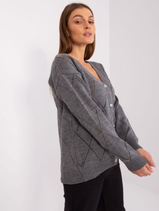 Szary Rozpinany Sweter Ażurowy z Wełną RUE PARIS LC-SW-A10-1.19P