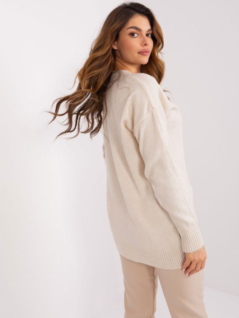 Jasno Beżowy Długi Sweter Damski z Dzianiny