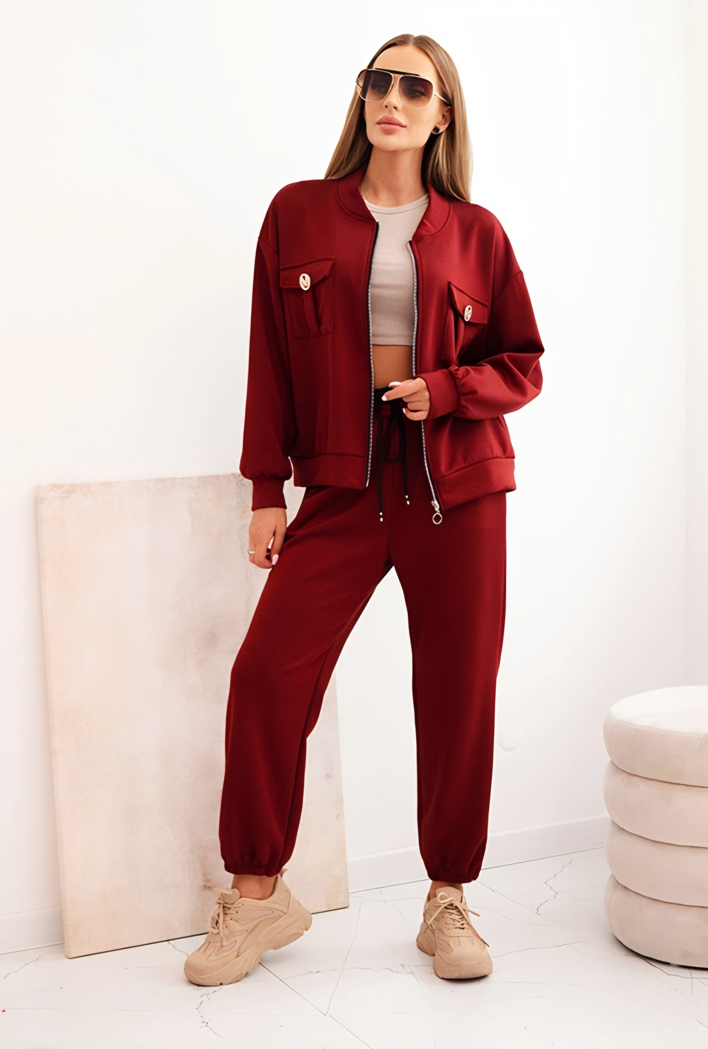 Komplet damski masełkowy bluza i spodnie z gumką brązowy