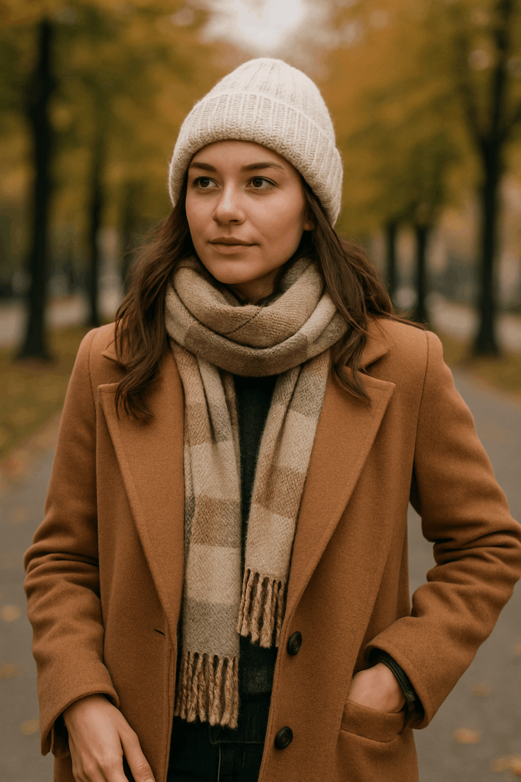 Stylizacja jesienno zimowa z brązowym płaszcem, czapką i szalikiem