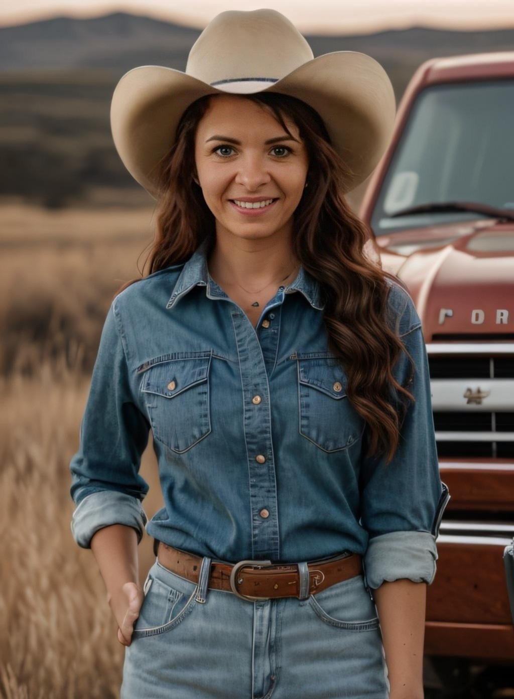 Zestaw jeansowy koszula spodnie oraz dodatki pasek i kapelusz