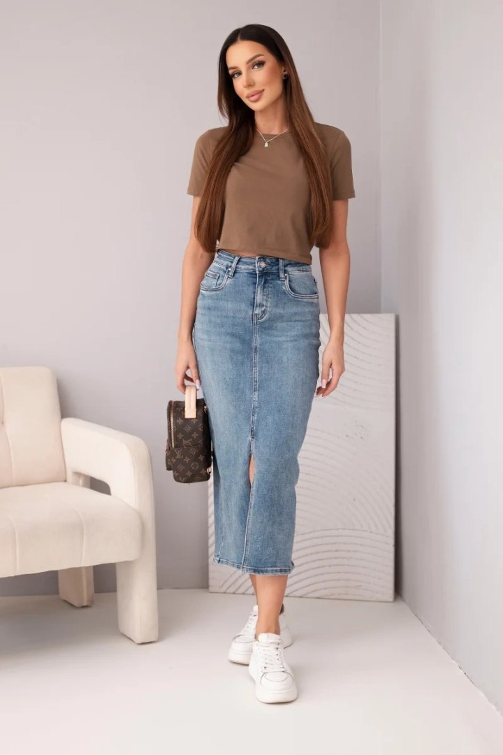 Spodnica jeansowa damska midi z rozcieciem z przodu jeansowe